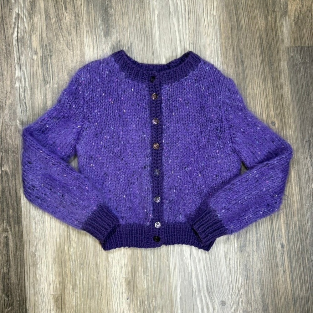 Handmade Purple Mohair Blend Confetti Knit Button Grannycore Cardigan Sweater